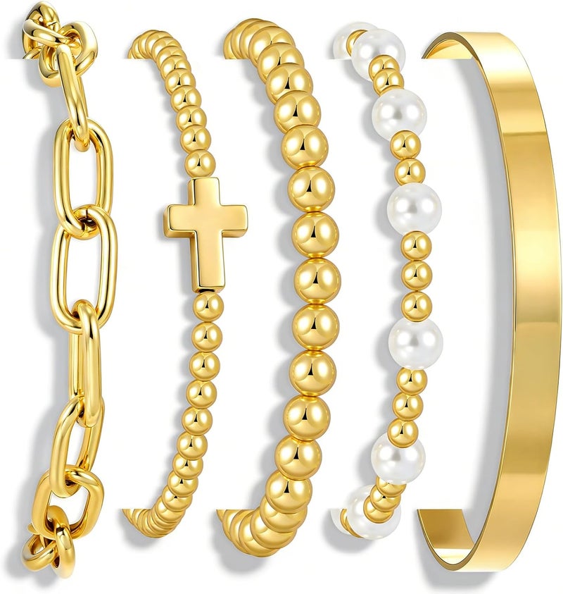 17mile Gold Beaded Bracelets for Women, 5 Pcs Dainty 14K Gold Plated Chunky Stretch Bead Ball Bracelet Stack - Image 1